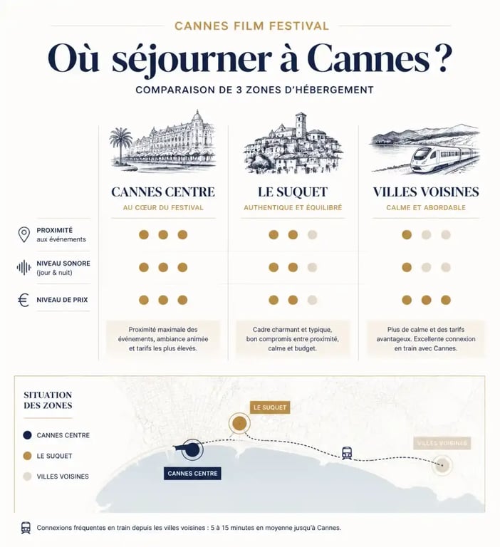 Infographie comparative des zones où séjourner pour le Festival de Cannes en toute sérénité