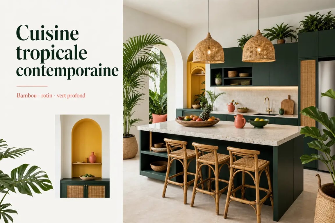 Ramener des saveurs d'ailleurs pour décorer sa cuisine avec une cuisine tropicale contemporaine en vert profond, rotin et lumière chaude