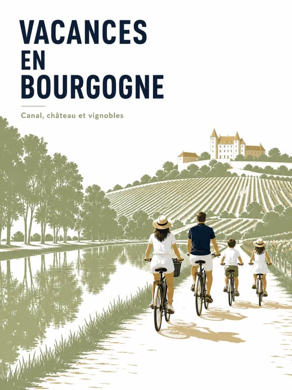 Comment organiser des vacances inoubliables en Bourgogne pour toute la famille : une famille à vélo près d’un canal, avec un château médiéval et des paysages de vignobles en arrière-plan