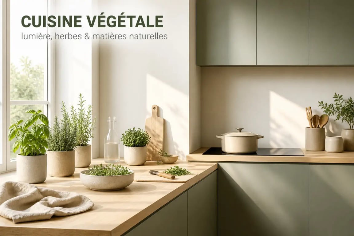Ramener des saveurs d'ailleurs pour décorer sa cuisine dans une ambiance végétale lumineuse avec bois clair, vert sauge et herbes aromatiques