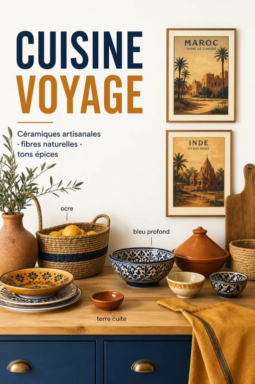 Ramener des saveurs d'ailleurs pour décorer sa cuisine avec une ambiance voyage, céramiques artisanales et paniers en fibres naturelles