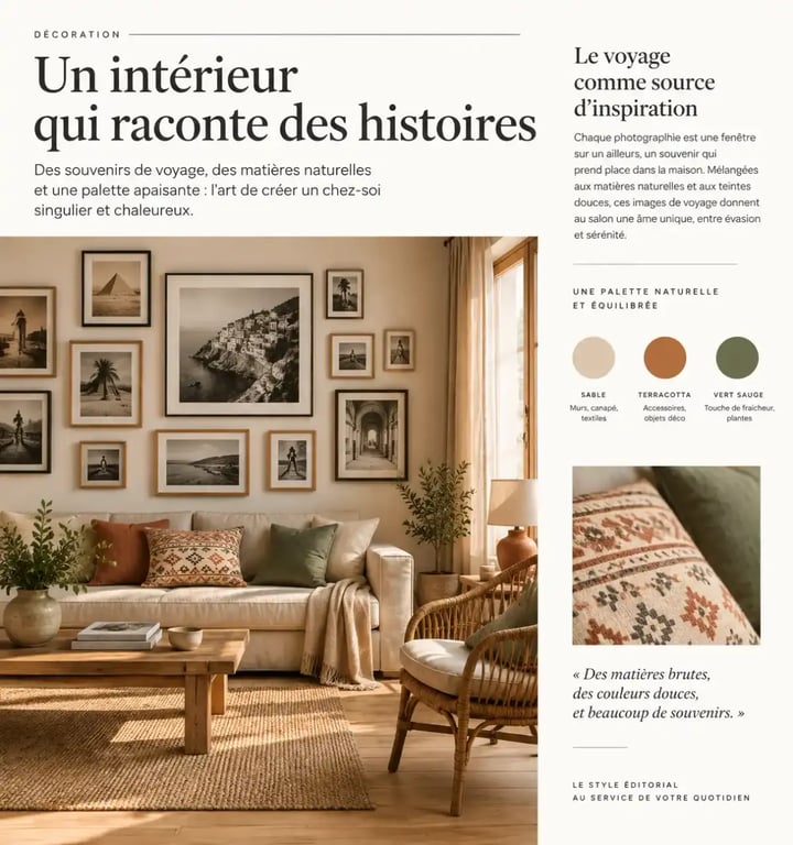 Salon chaleureux avec décoration esprit voyage comprenant un mur de cadres photos et un fauteuil en rotin