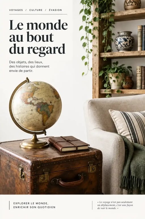 Décoration intérieure esprit voyage avec un globe terrestre vintage et une valise ancienne en cuir